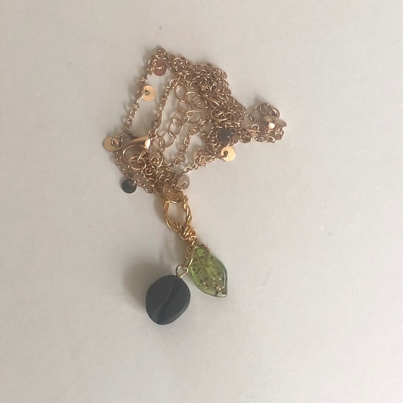 NWOT Coffee bean and green leaf necklace with gold tone chain - Picture 4 of 4